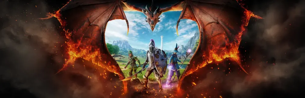 RuneScape: Dragonwilds – un dragon déploie ses ailes de feu au-dessus de trois aventuriers sur Ashenfall
