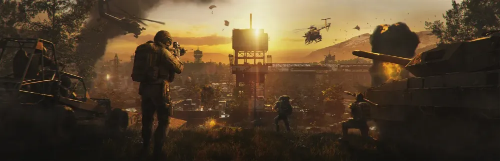 WARDOGS – champ de bataille au crépuscule avec soldats, hélicoptères et char