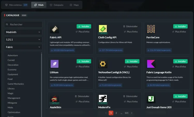 Mod management interface