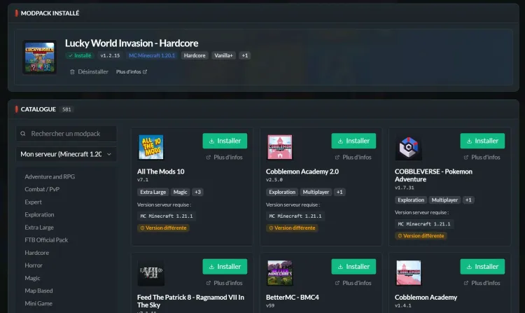 Des modpacks prêts à jouer