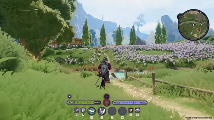 Everlast: Undying Tale – personnage courant vers un village à travers une prairie fleurie