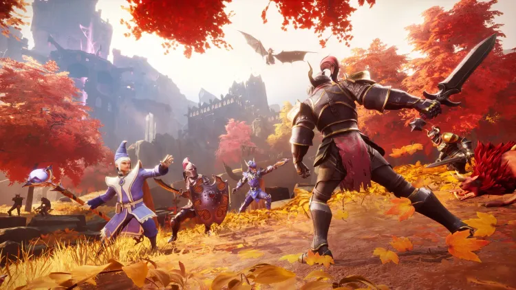 RuneScape: Dragonwilds – un groupe d'aventuriers affronte un Chevalier noir dans une forêt d'automne