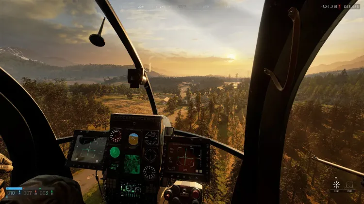 WARDOGS – cockpit d'hélicoptère au coucher du soleil, argent affiché au HUD