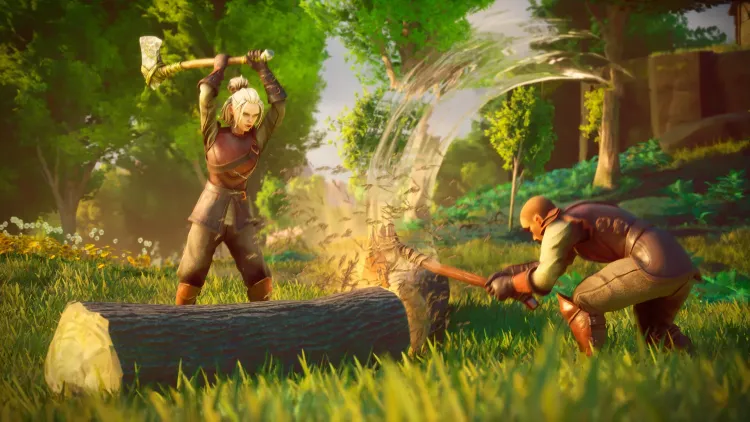 RuneScape: Dragonwilds – deux joueurs abattent un arbre à la hache dans une forêt