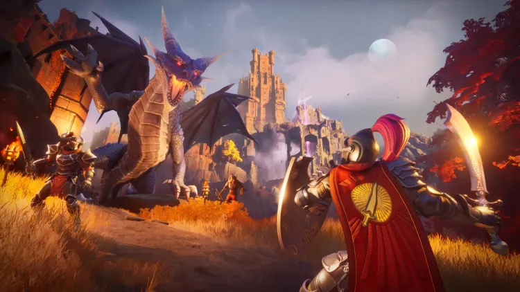 RuneScape: Dragonwilds – un chevalier face à un dragon bleu devant un château en ruine
